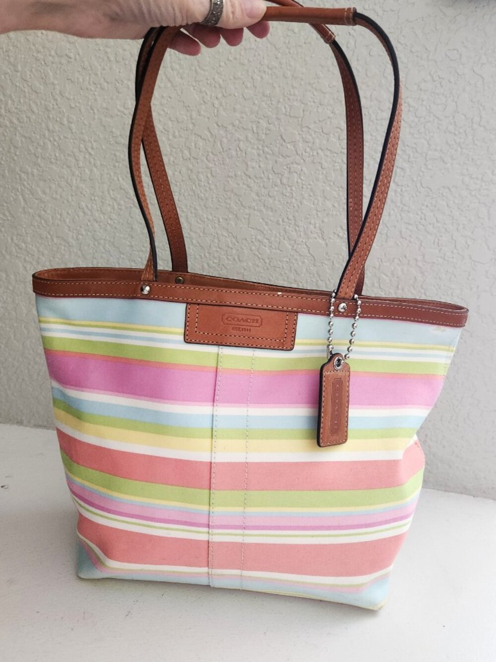 Coach Hampton Pastel Striped Satchel Handbag Purse
